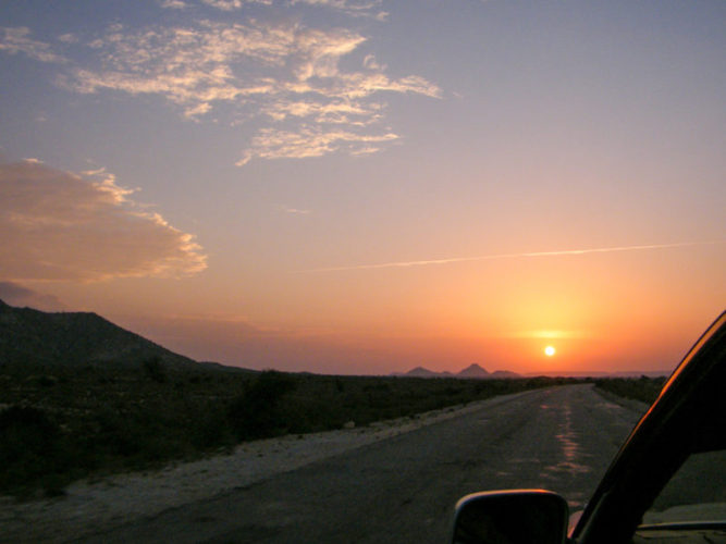 Sunset in Somaliland from the window of a car