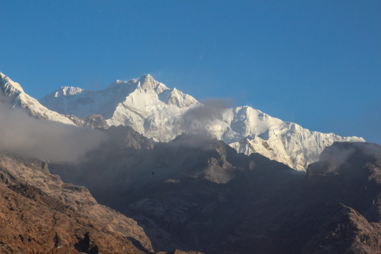 Snow capped peaks of Kanchenjunga viewed from the Goecha La trek in Sikkim