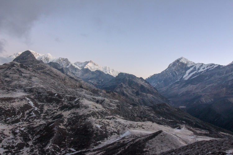Frozen high altitude landscape on the Goecha La trail while trekking in Sikkim