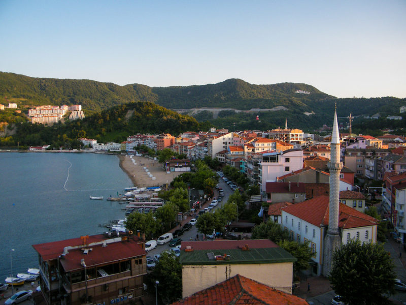 View-from-a-lookout-point-in-Amasra-Turkey-showing-the-beach-and-a-minaret