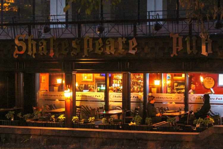 Exterior of the Shakespeare pub in Almaty at night
