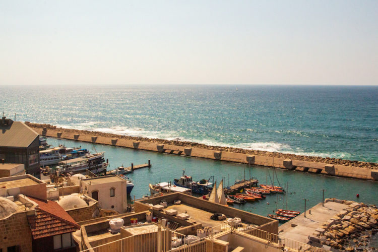Jaffa-harbour-with-boads-moored-up-and-the-sea-beyond