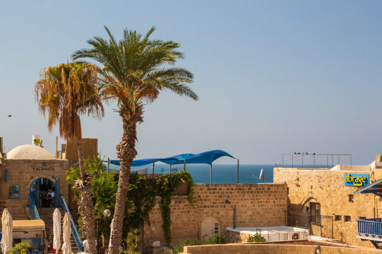Rooftops-of-old-buildings-in-Jaffa-with-palm-trees-and-sea-beyond