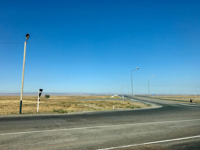Road junction in the steppe in southern Kazakhstan near Almaty