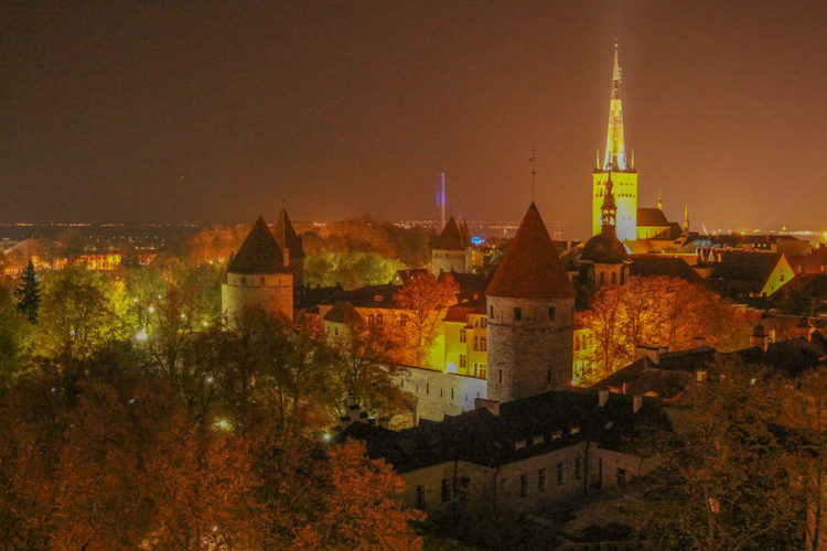 Night time view over Tallinn's Old Town from Toompea Hill