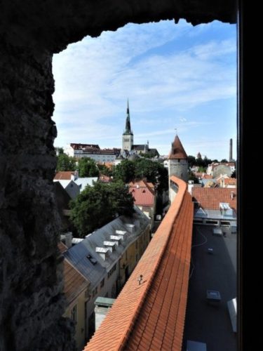 View from a window in a tower overlooking Tallinn's old city walls