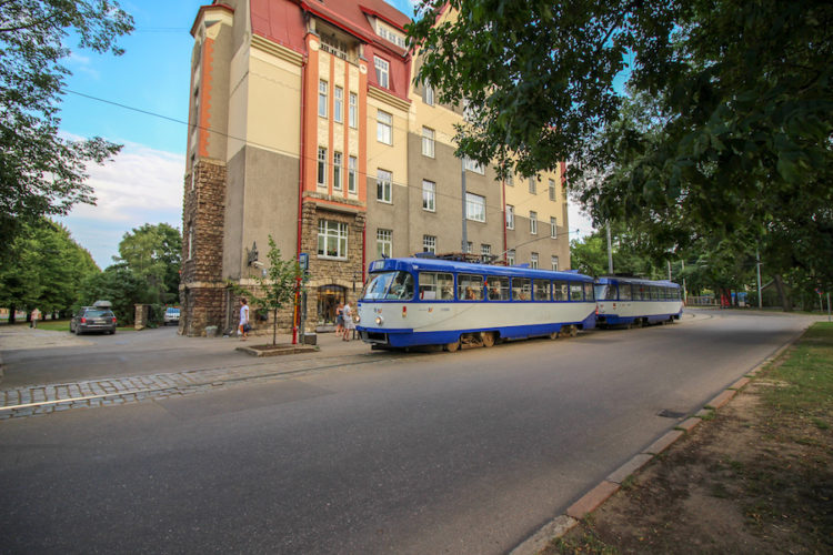 Old soviet era blue and white tram in Latvia