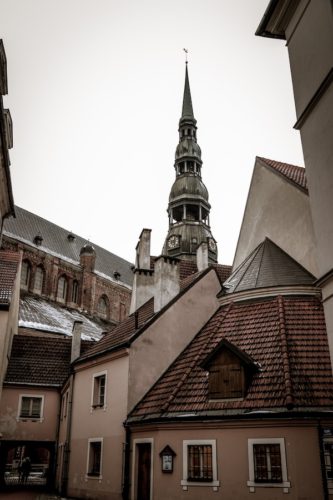 Ornate church spire in the historical centre of Riga