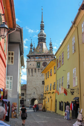 Clocktower and colourful buildings in the historical centre of sighisoara