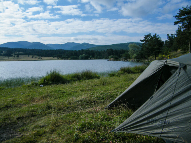 View from the door of one of my tents wild camping next to a lake in Turkey
