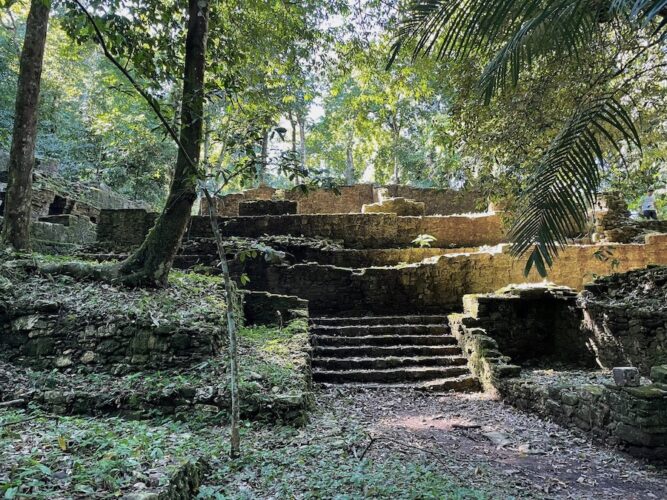 ruins at palenque overgrown by jungle with dappled sunlight