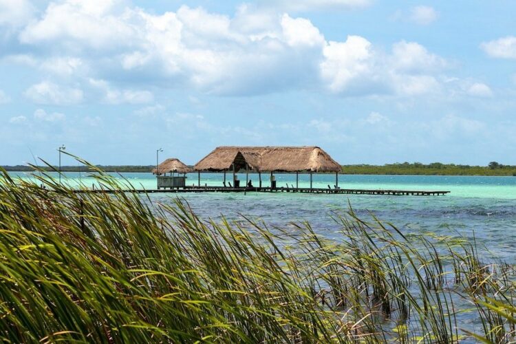 Turquoise sea and a small wooden jetty with a thatched roof in Bacalar