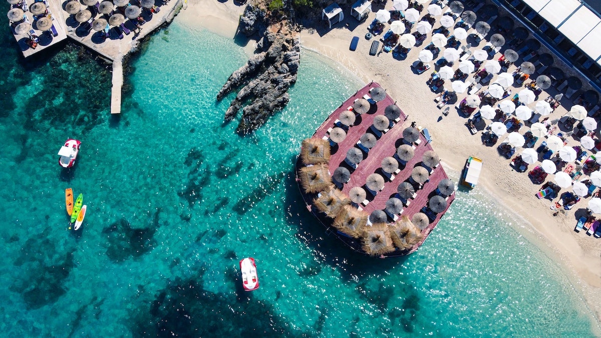 Aerial view of a beach club in Ksamil