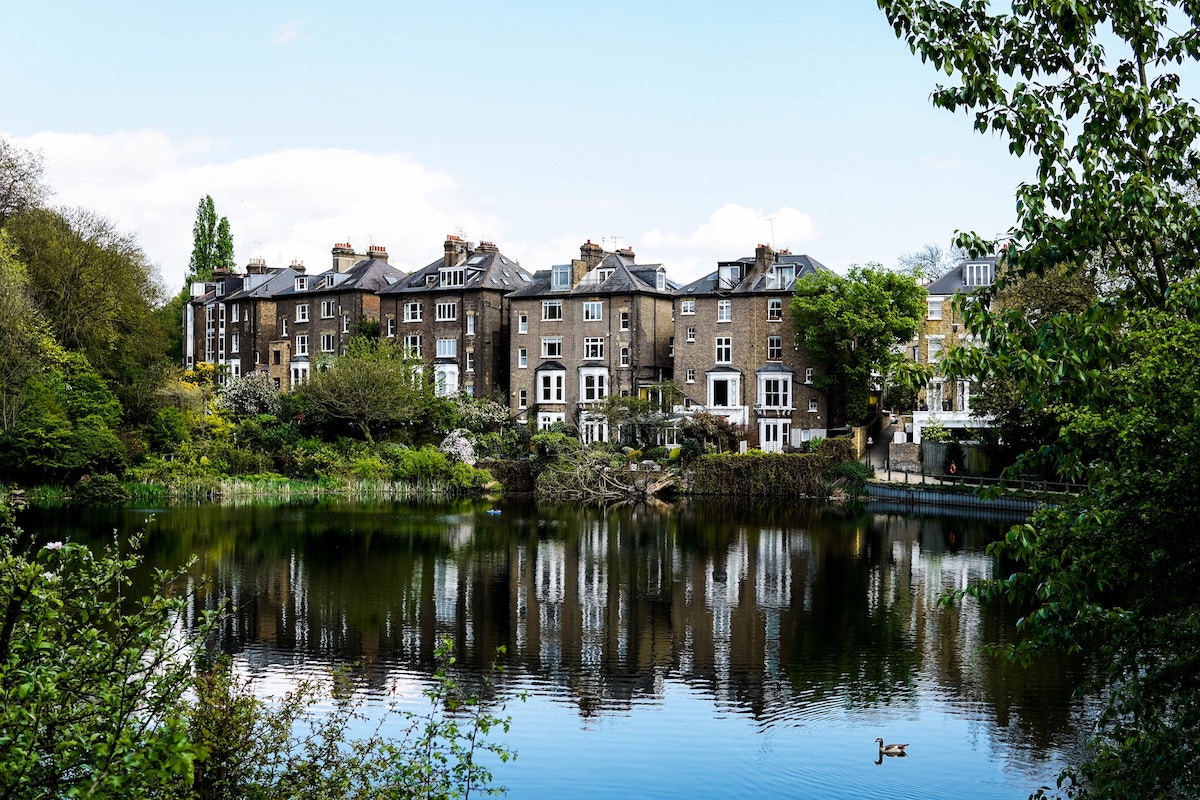 Hampstead-ponds-with-houses-behind-which-is-a-great-place-for-dog-walks-in-london