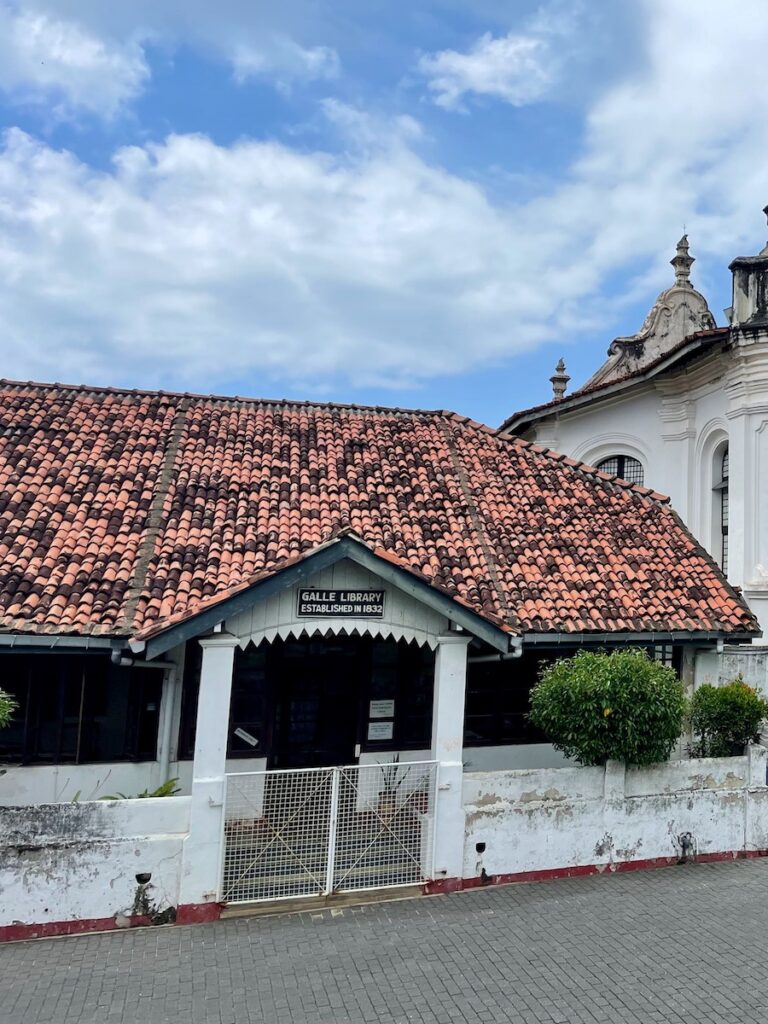exterior of galle fort library with sloping tiled roof