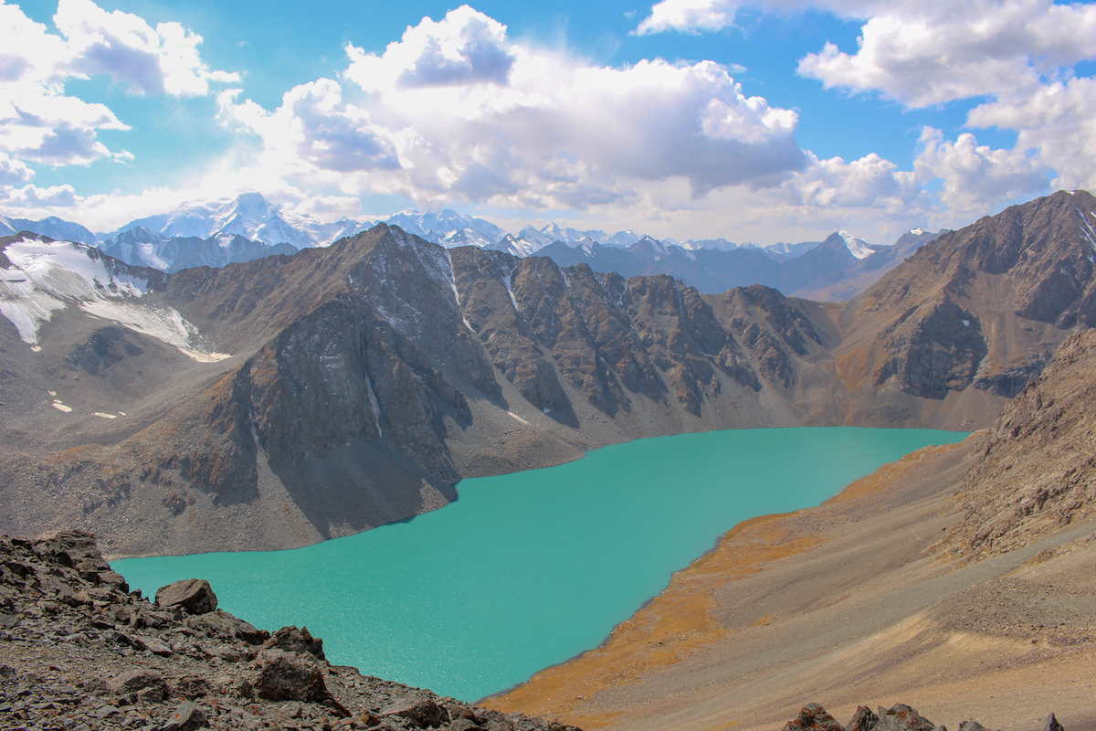 turquoise waters of lake ala kul in the tien shan mountains of kyrgyzstan