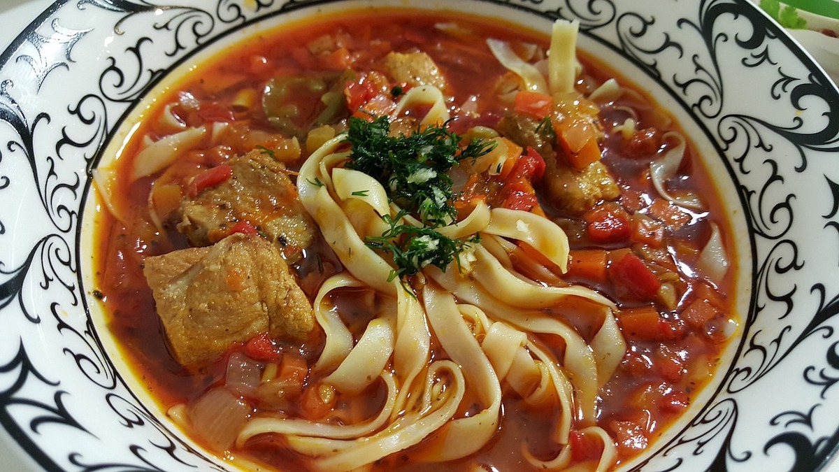 bowl of traditional laghman noodle soup in kyrgyzstan