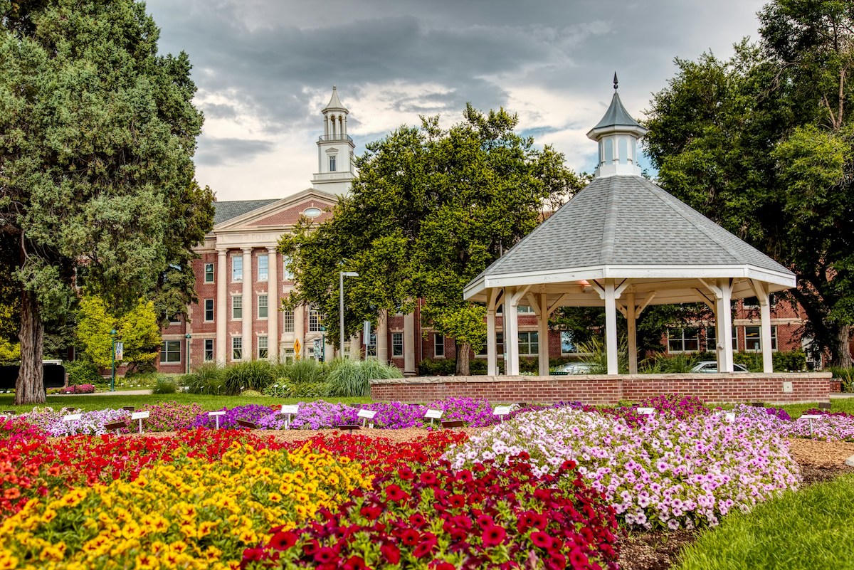 colorado university building with colorful flower gardens