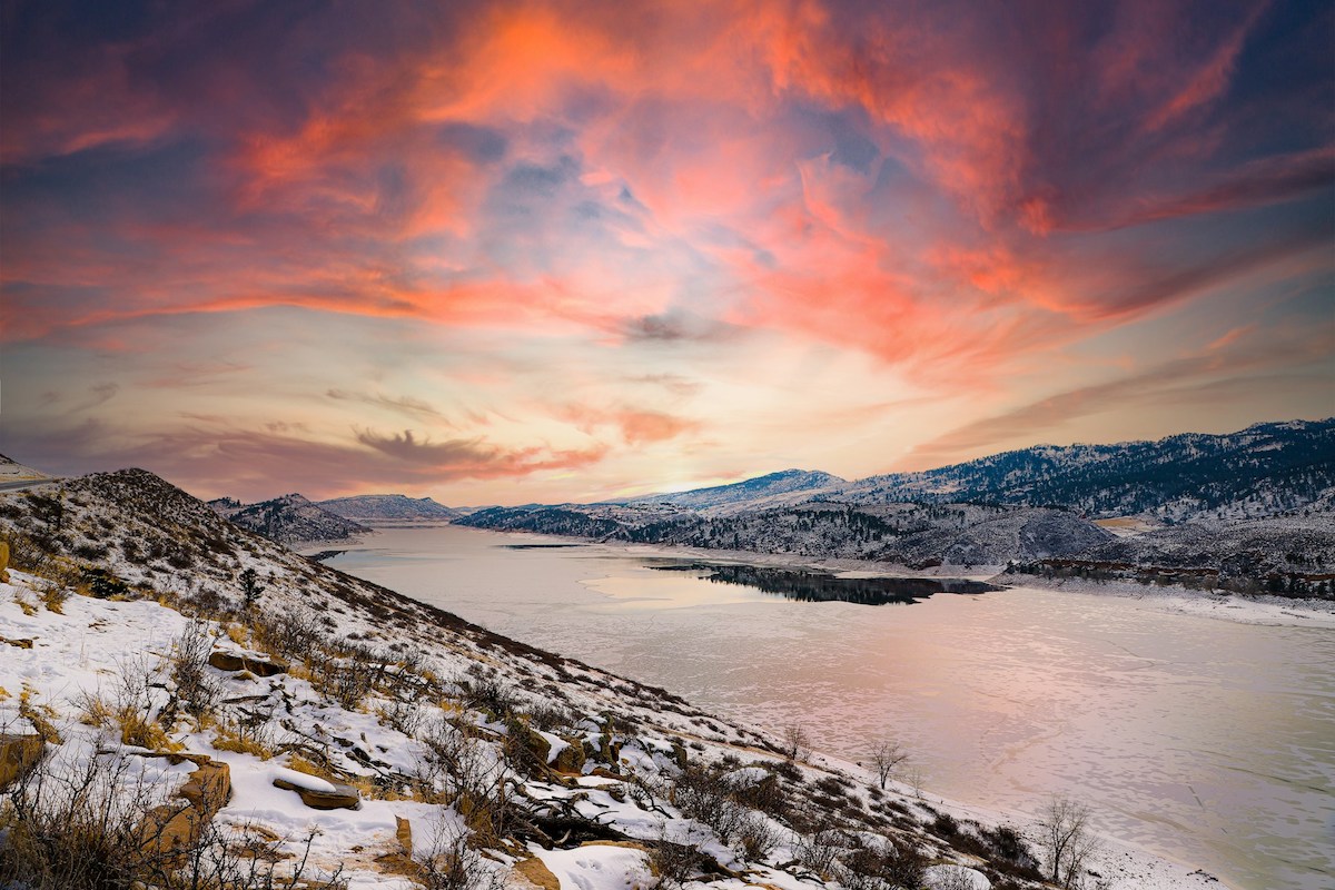 horsetooth reservoir with colorful clouds and sky