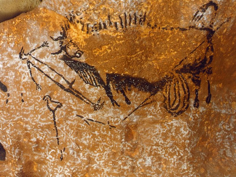 Lascaux prehistoric cave paintings in Dordogne showing people and animals