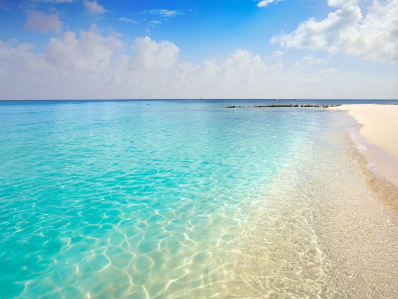 Turquoise sea and white sand beach in Cozumel Mexico