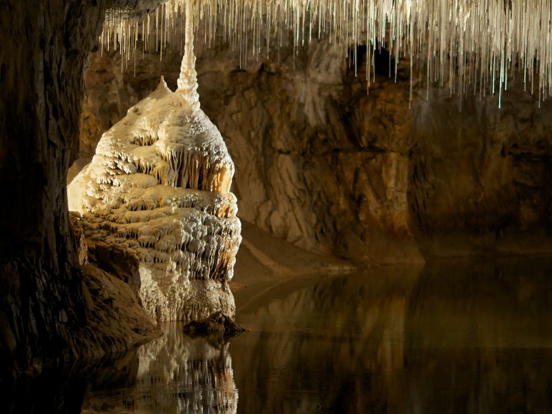 Underground cave with limestone mineral formations in france